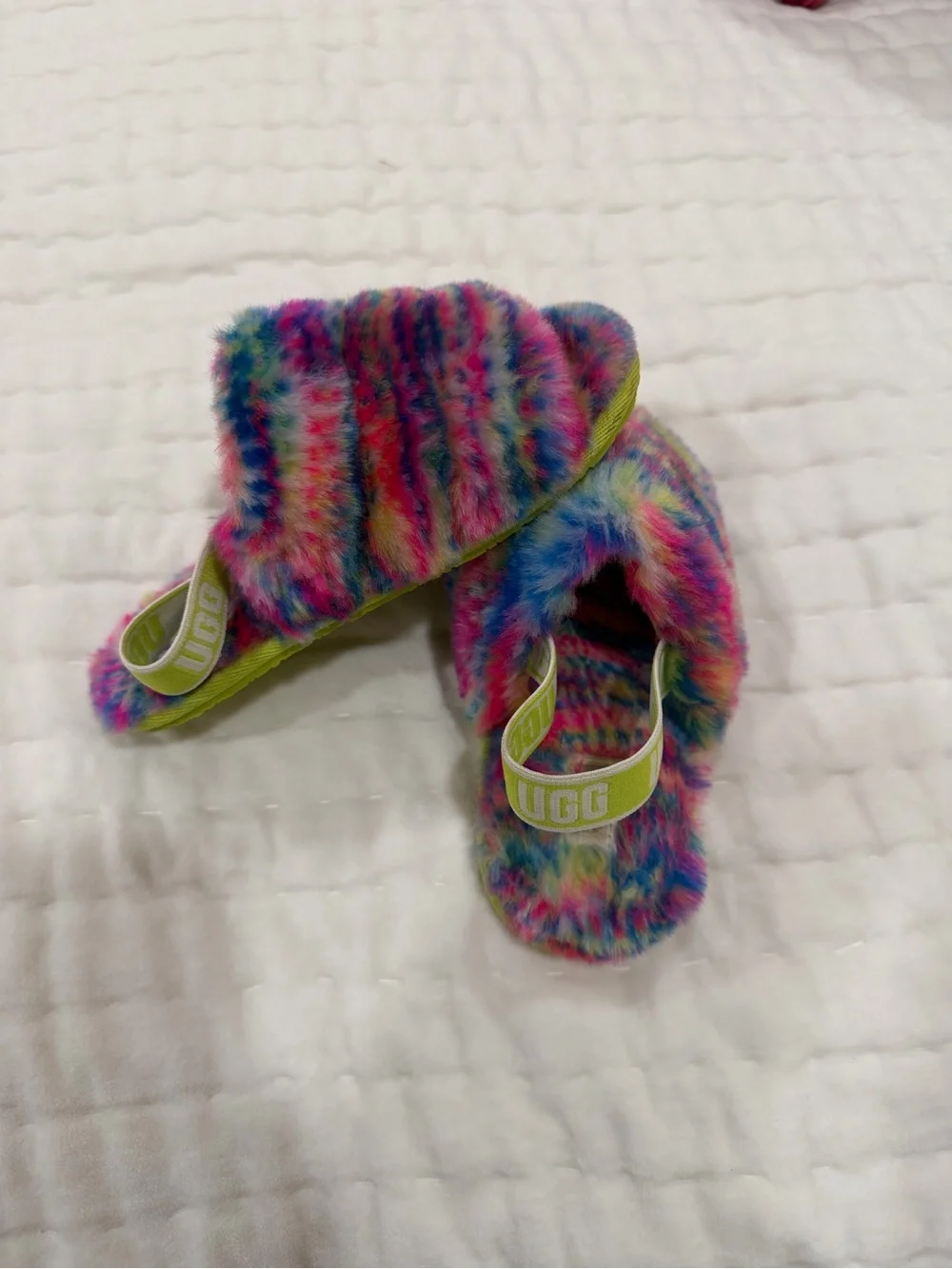 UGG Kids Multicolor Fuzzy Slide Slippers with Elastic Heel